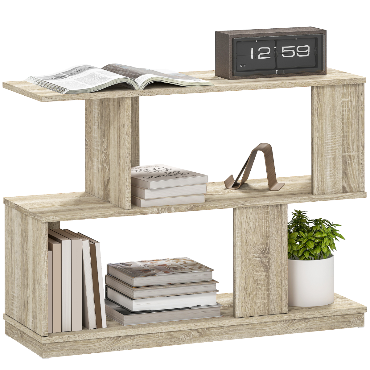 HOMCOM Modern Narrow End Table, S-Shaped Nightstand, Natural Wood Finish