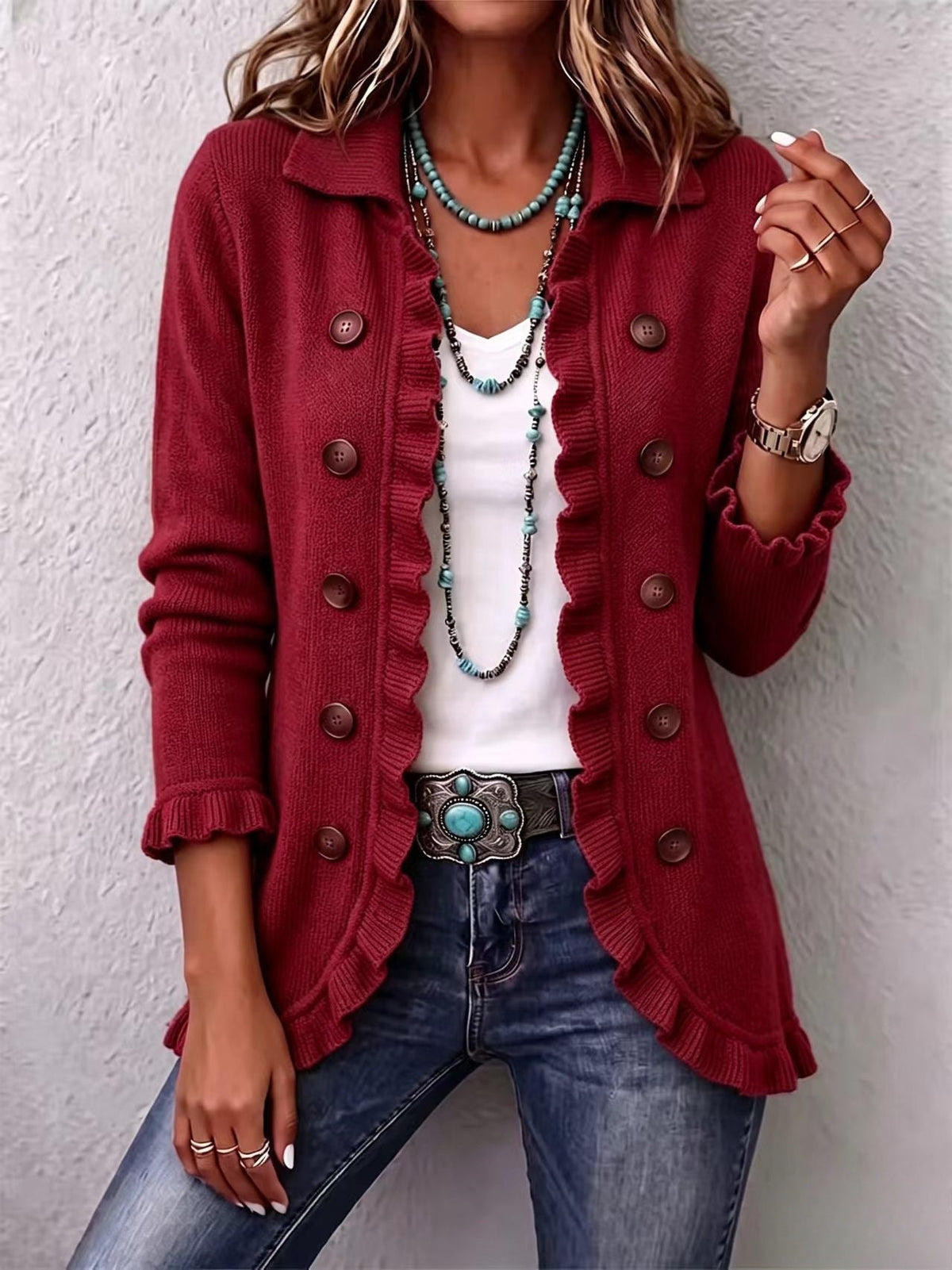 Women's Ruffle Knit Cardigan - Button-Front Long-Sleeve Sweater Jacket for Spring and Autumn