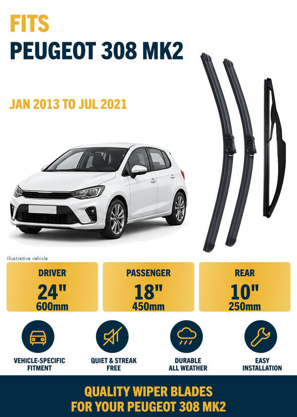 Peugeot 308 MK2 Hatchback Front & Rear Wiper Blades | Jan 2013-Jul 2021