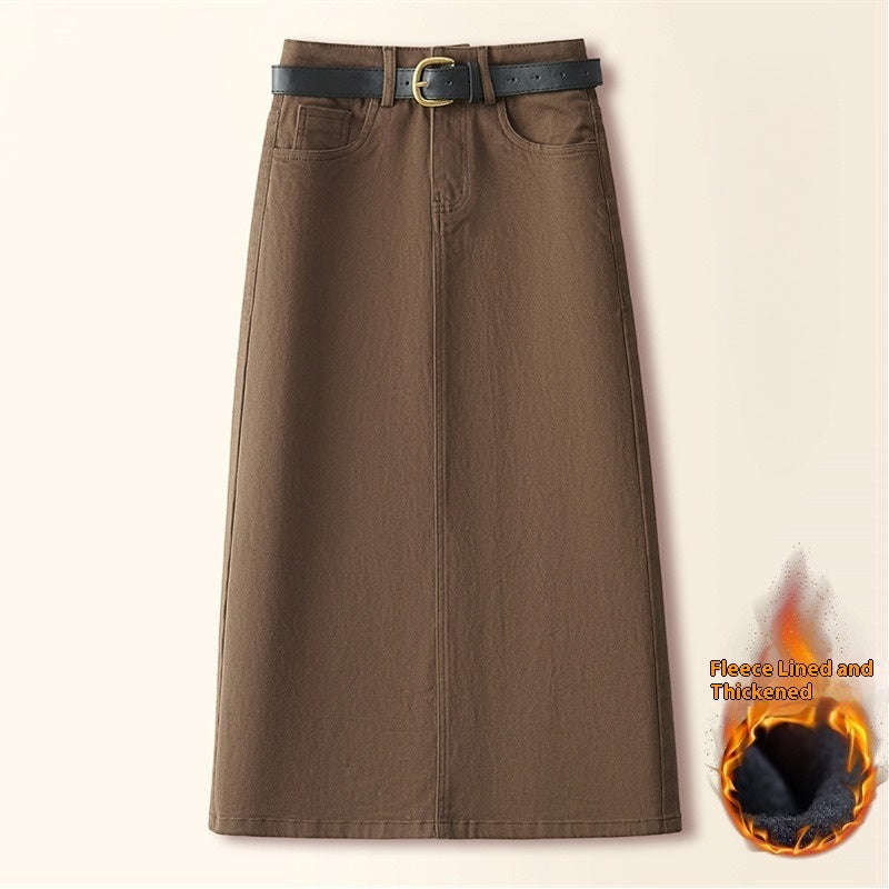 Brown A- Line Straight Skirt Retro Slit Hip Skirt