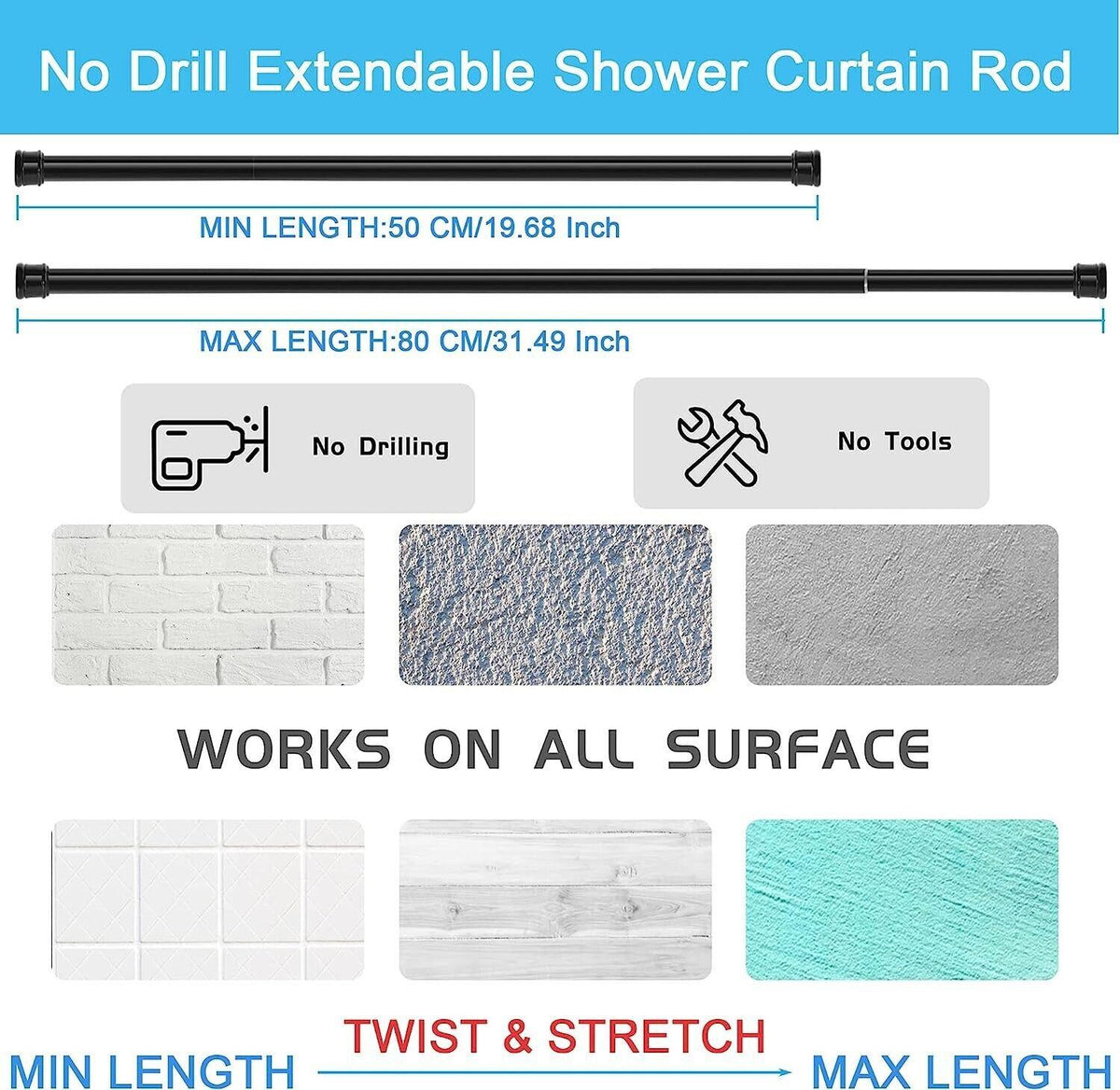 Small Tension Shower Curtain Rod 63-85cm Silver No Drill Extendable Pole