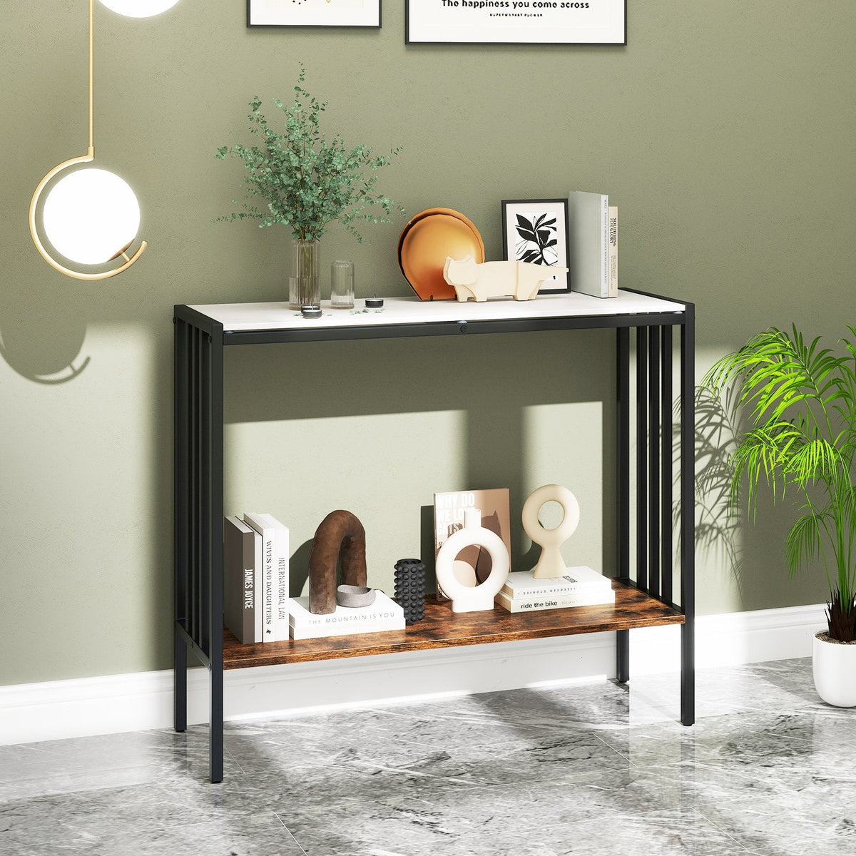 90 CM 2-Tier Industrial Console Foyer Table with Sintered Stone Tabletop