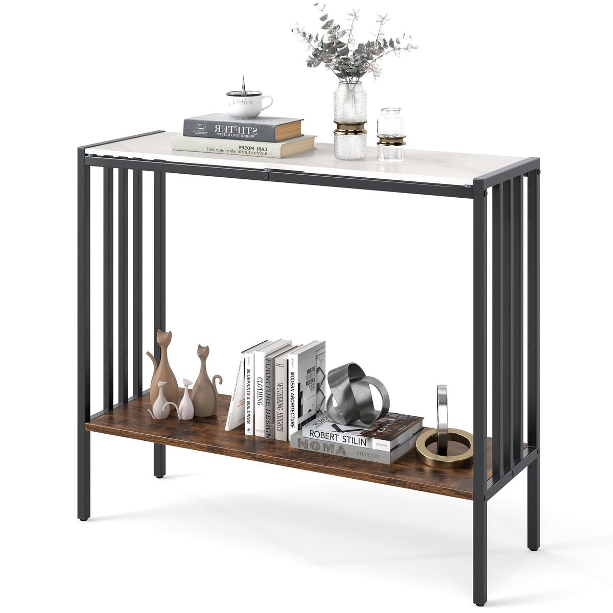 90 CM 2-Tier Industrial Console Foyer Table with Sintered Stone Tabletop