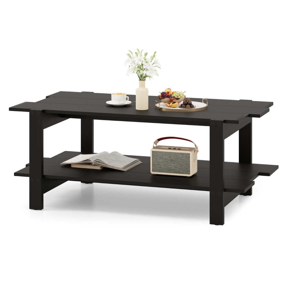 2-Tier Coffee Table with Storage Shelf for Living Room-Walnut