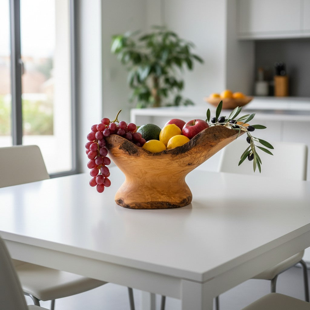 Handcrafted Olive Wood Pedestal Fruit Bowl 45×25×25 cm