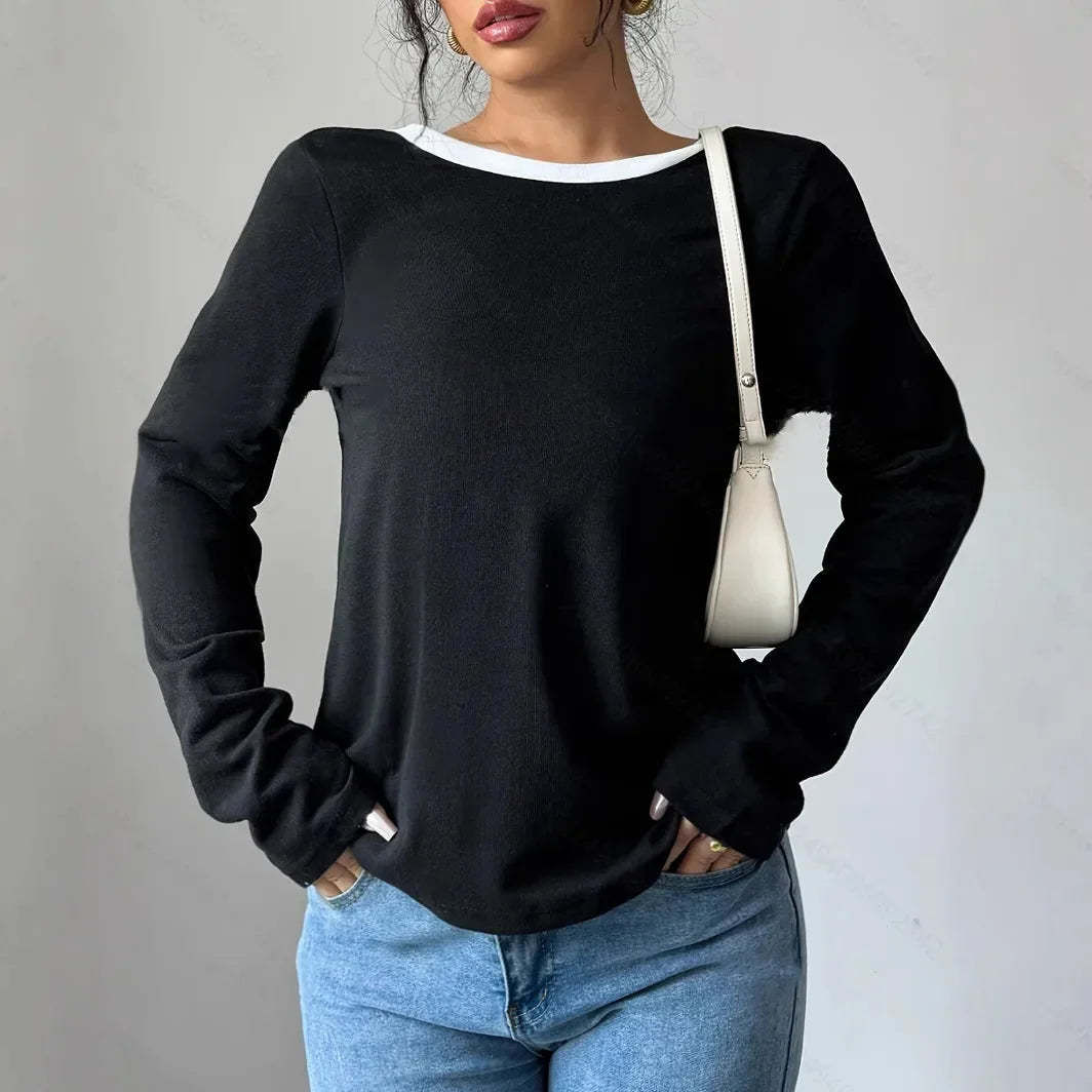 Women's Round Neck Long Sleeve Base Layer Top - Crew Neck Knit T-Shirt