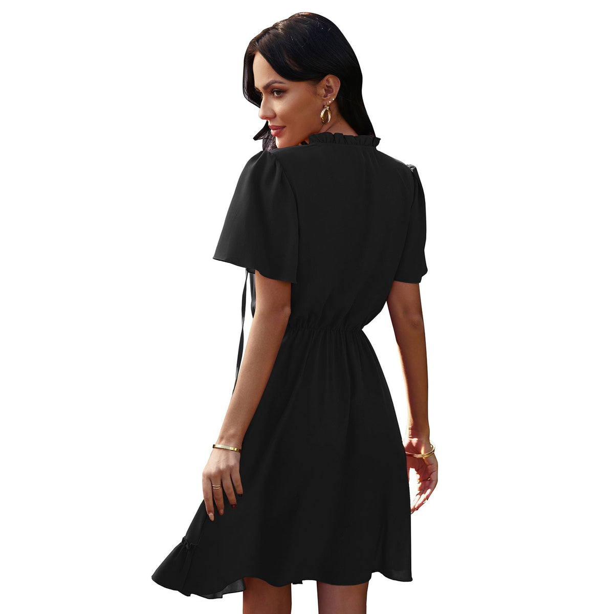 High Neck Neck Waist Ruffle Dress