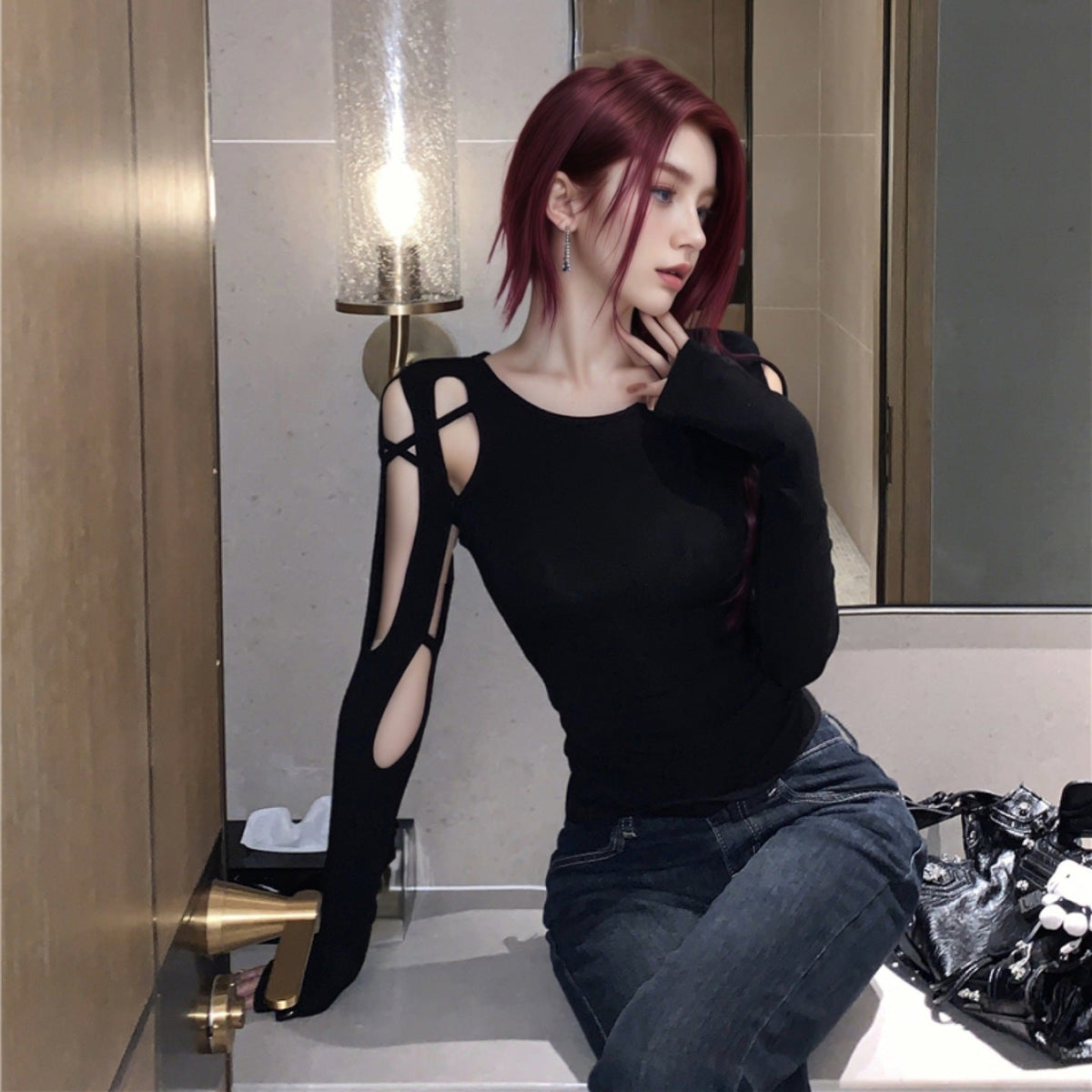Long-sleeved Off-shoulder Cropped Hollow-out Women's Black T-shirt