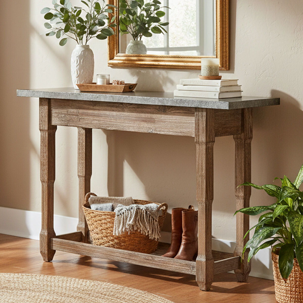 Elementary Antique Wood Finish and Metal Console Table