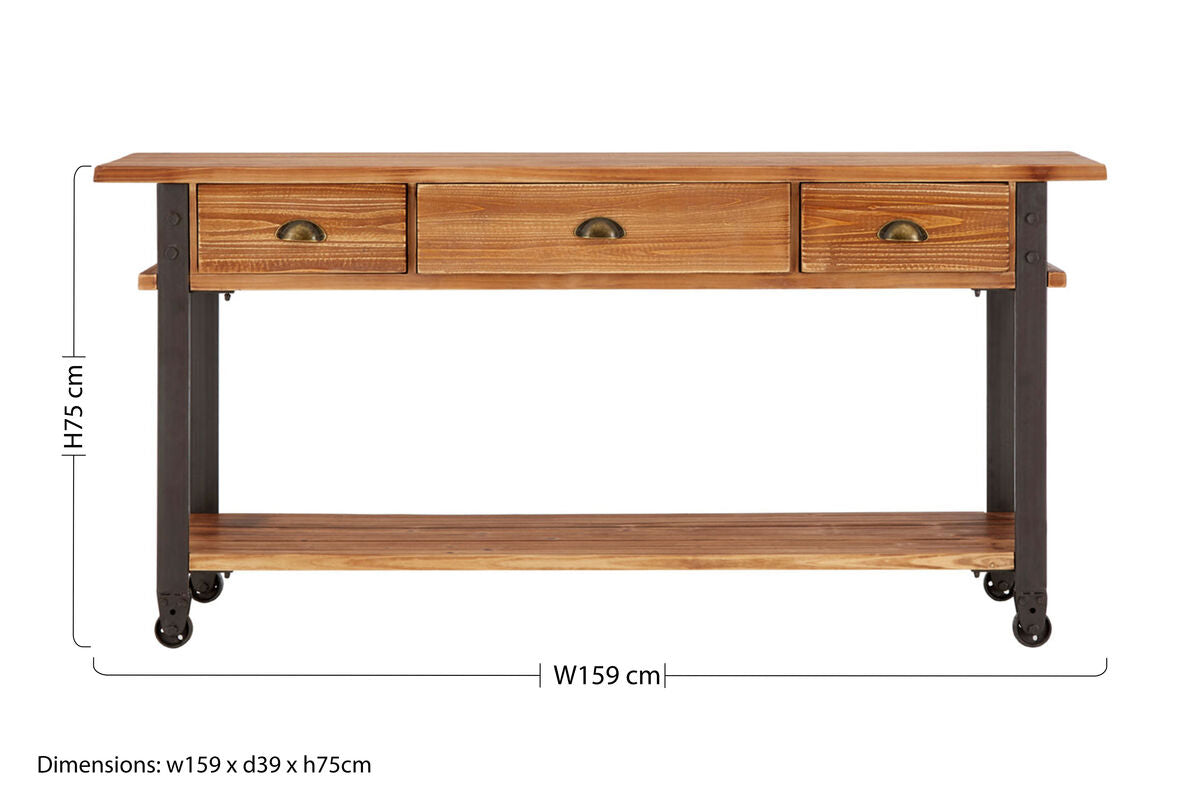 New Foundry Natural Wooden and Black Metal 3 Drawer Console Table