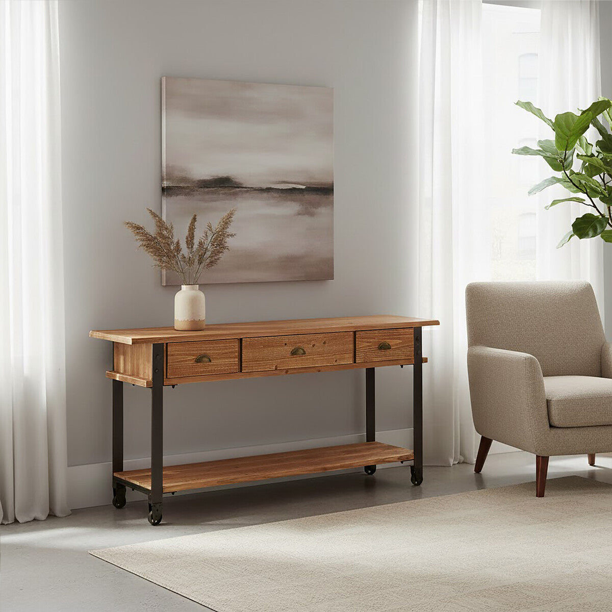 New Foundry Natural Wooden and Black Metal 3 Drawer Console Table