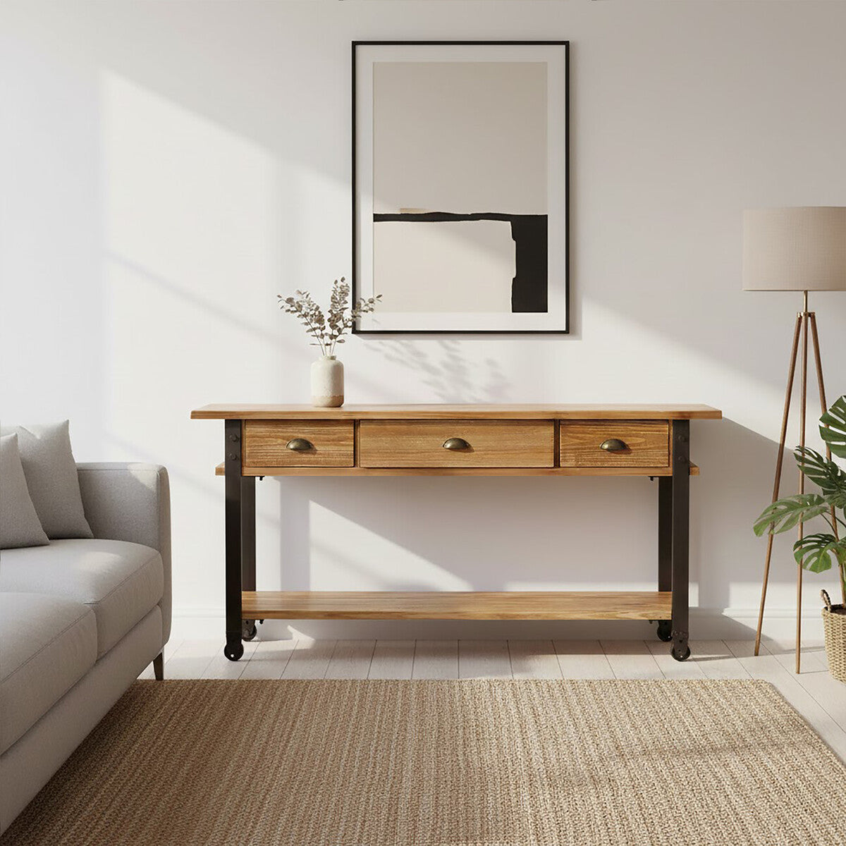 New Foundry Natural Wooden and Black Metal 3 Drawer Console Table