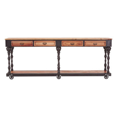 New Foundry Natural Wooden and Black Metal 4 Drawer Console Table