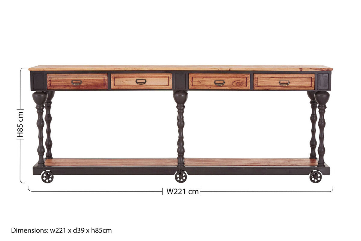 New Foundry Natural Wooden and Black Metal 4 Drawer Console Table