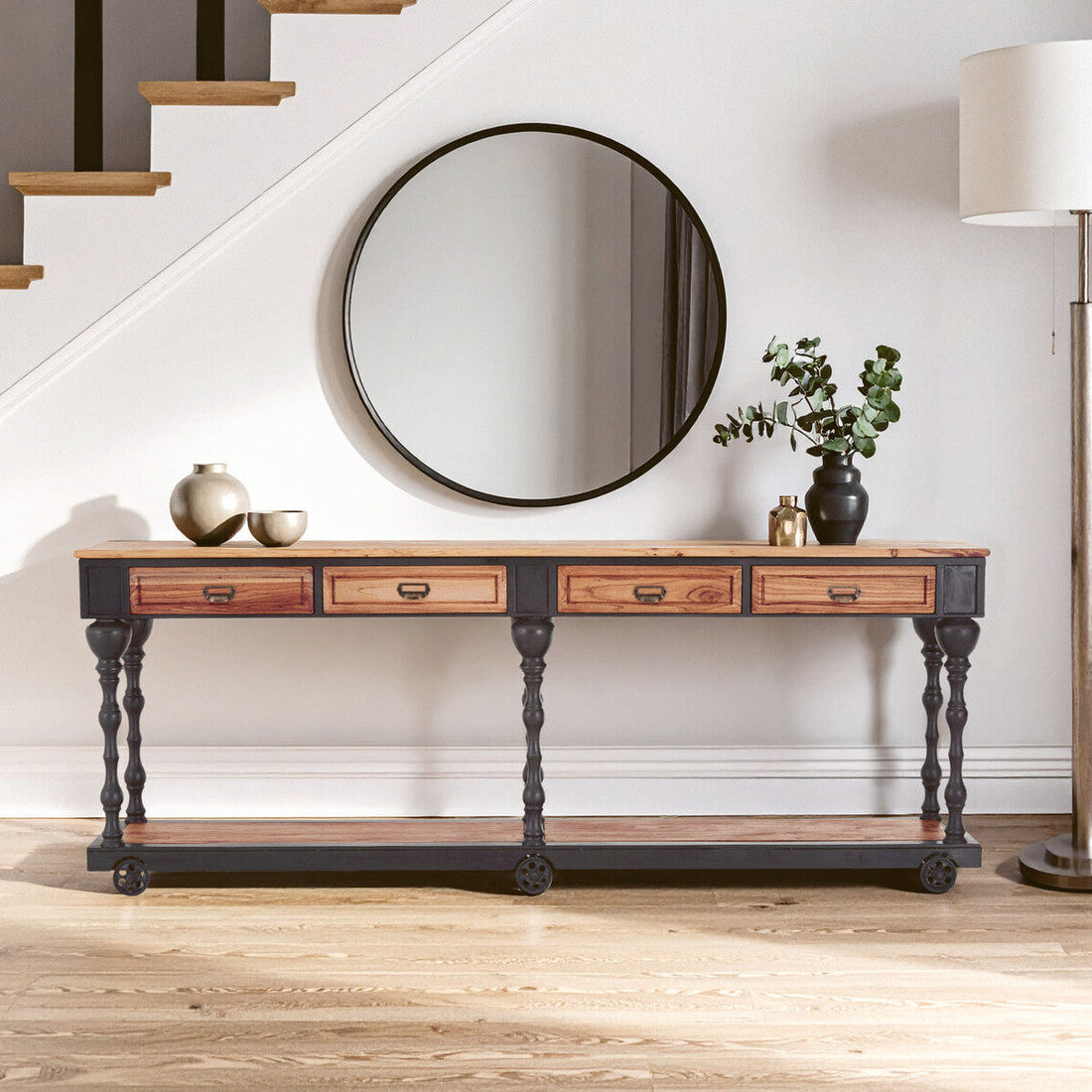 New Foundry Natural Wooden and Black Metal 4 Drawer Console Table
