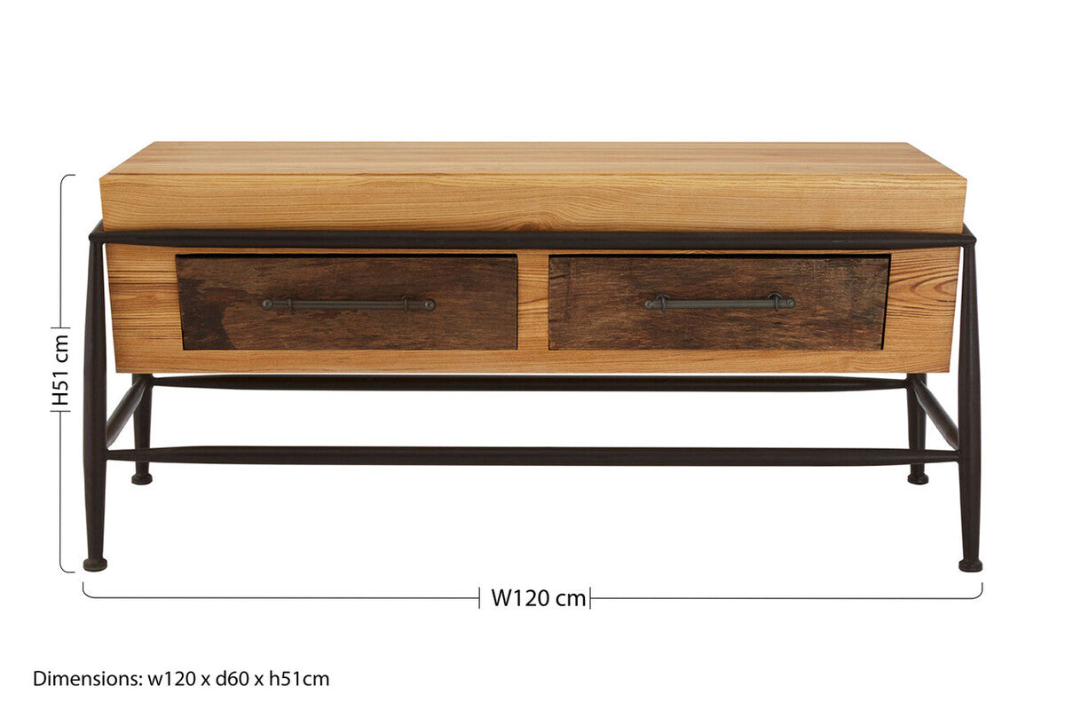 New Foundry Wooden and Black Metal 2 Drawer Coffee Table