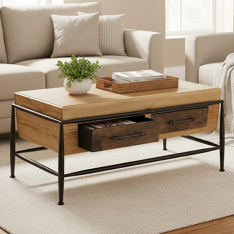 New Foundry Wooden and Black Metal 2 Drawer Coffee Table