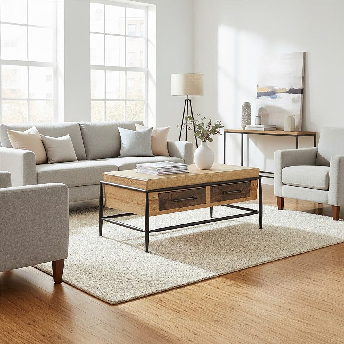 New Foundry Wooden and Black Metal 2 Drawer Coffee Table