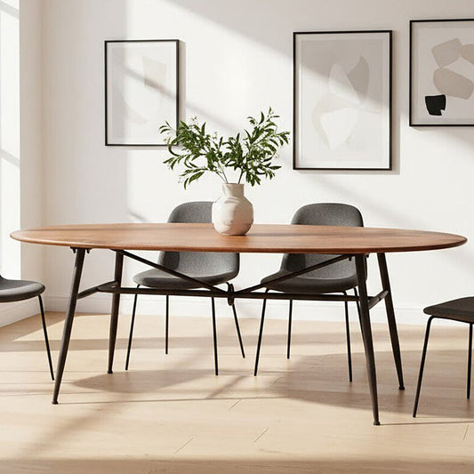 New Foundry Walnut Wood and Black Metal Oval Dining Table