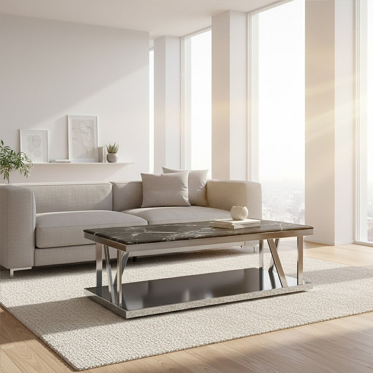 Ackley Black Marble and Silver Finish Rectangular Coffee Table