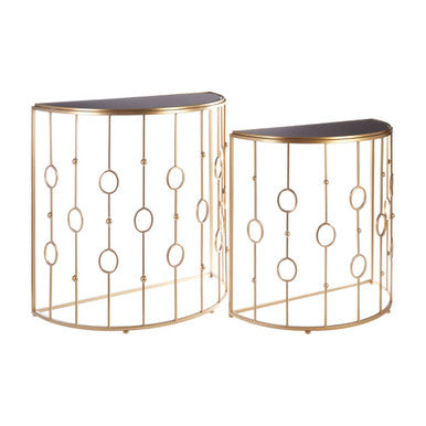 Faiza Black Glass and Gold Finish Set of 2 Half Moon Console Tables