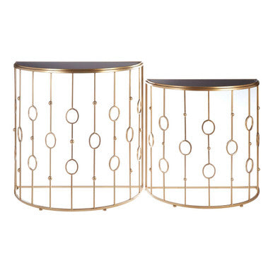 Faiza Black Glass and Gold Finish Set of 2 Half Moon Console Tables