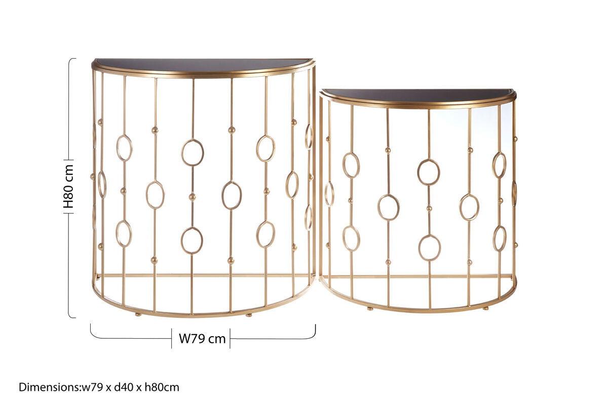 Faiza Black Glass and Gold Finish Set of 2 Half Moon Console Tables