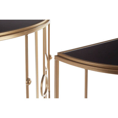 Faiza Black Glass and Gold Finish Set of 2 Half Moon Console Tables