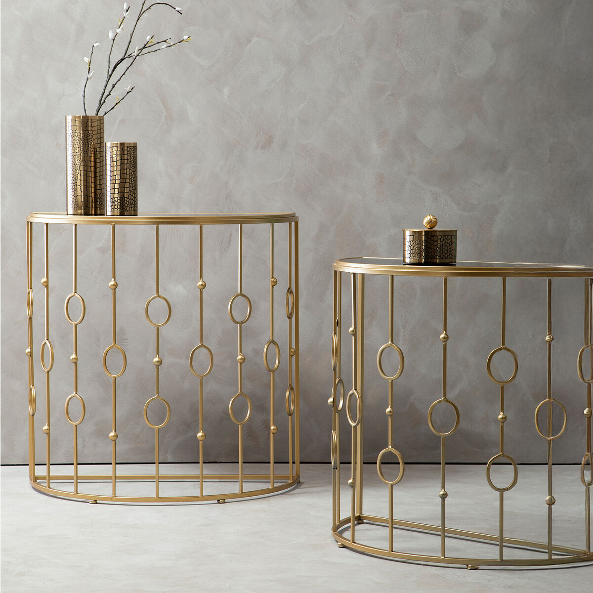 Faiza Black Glass and Gold Finish Set of 2 Half Moon Console Tables