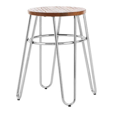 District Elm Wood Stool with Chrome Finish Hairpin Legs