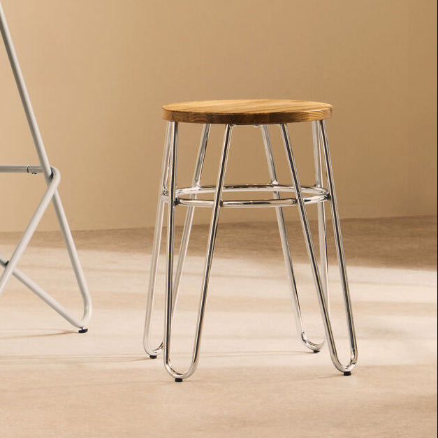 District Elm Wood Stool with Chrome Finish Hairpin Legs