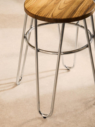 District Elm Wood Stool with Chrome Finish Hairpin Legs