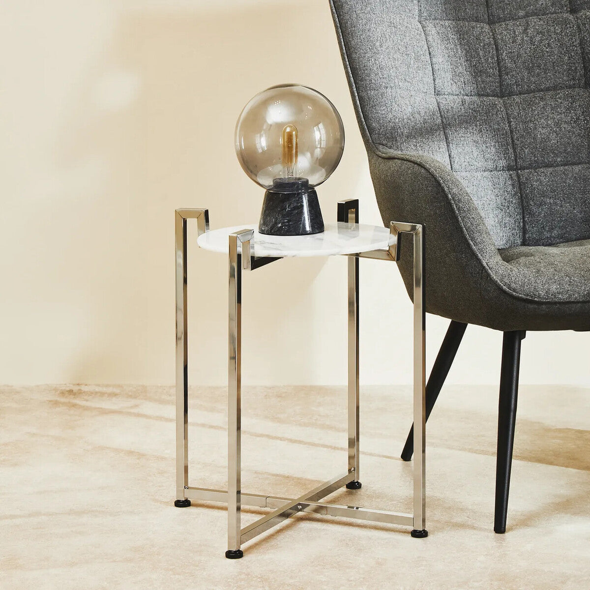 Cibal White Marble Side Table with Chrome Finish Base