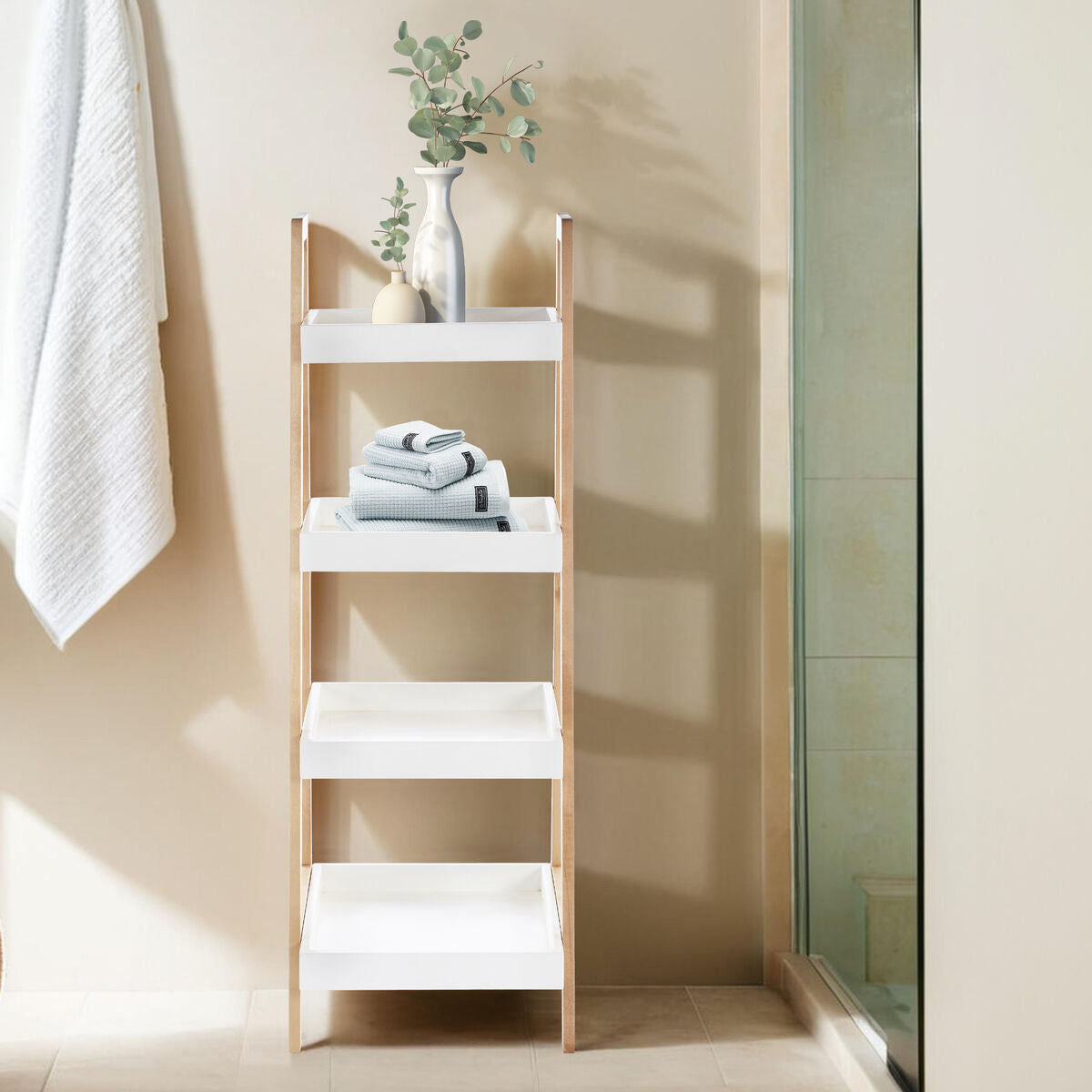 Arla Natural and White Birch Wood 4 Tier Bathroom Shelf Unit