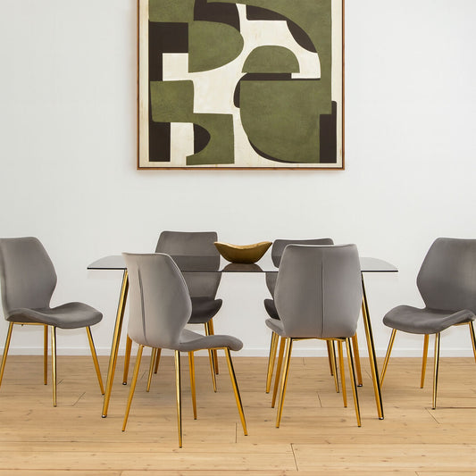 Wimslow Smoked Glass Dining Table and 6 Grey Velvet Dining Chairs Set
