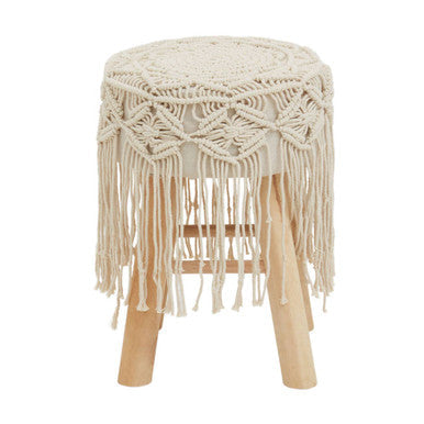 West Village Cream Woven Stool with Wood Legs