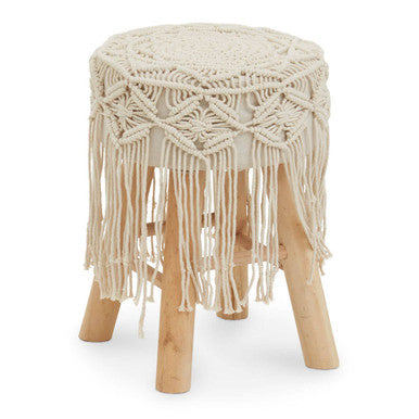 West Village Cream Woven Stool with Wood Legs