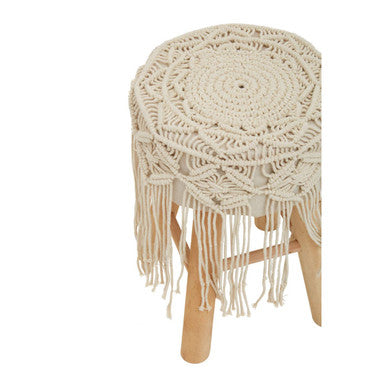 West Village Cream Woven Stool with Wood Legs