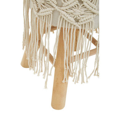 West Village Cream Woven Stool with Wood Legs