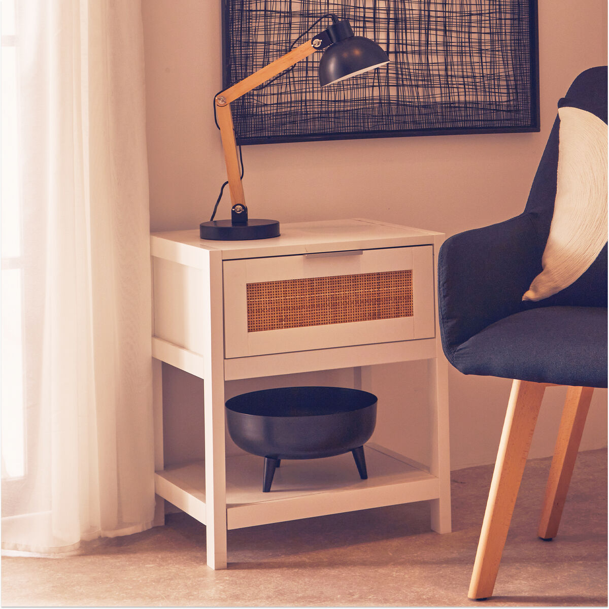 Sherman White Finish and Natural Rattan 1 Drawer Side Table