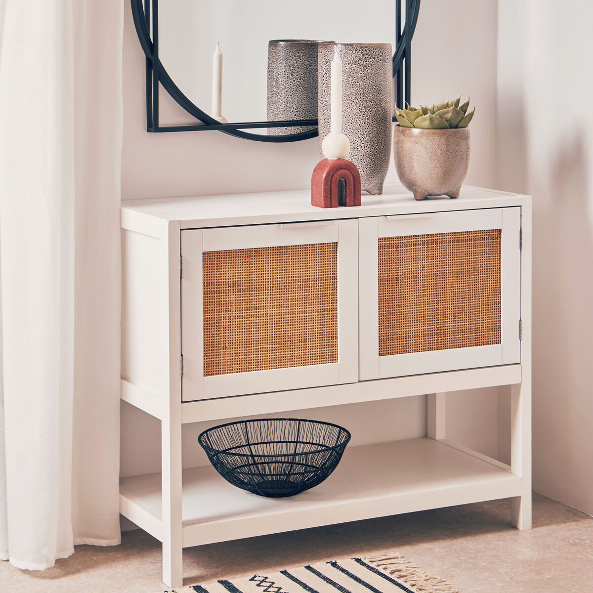 Sherman White Finish and Natural Rattan 2 Door Side Cabinet