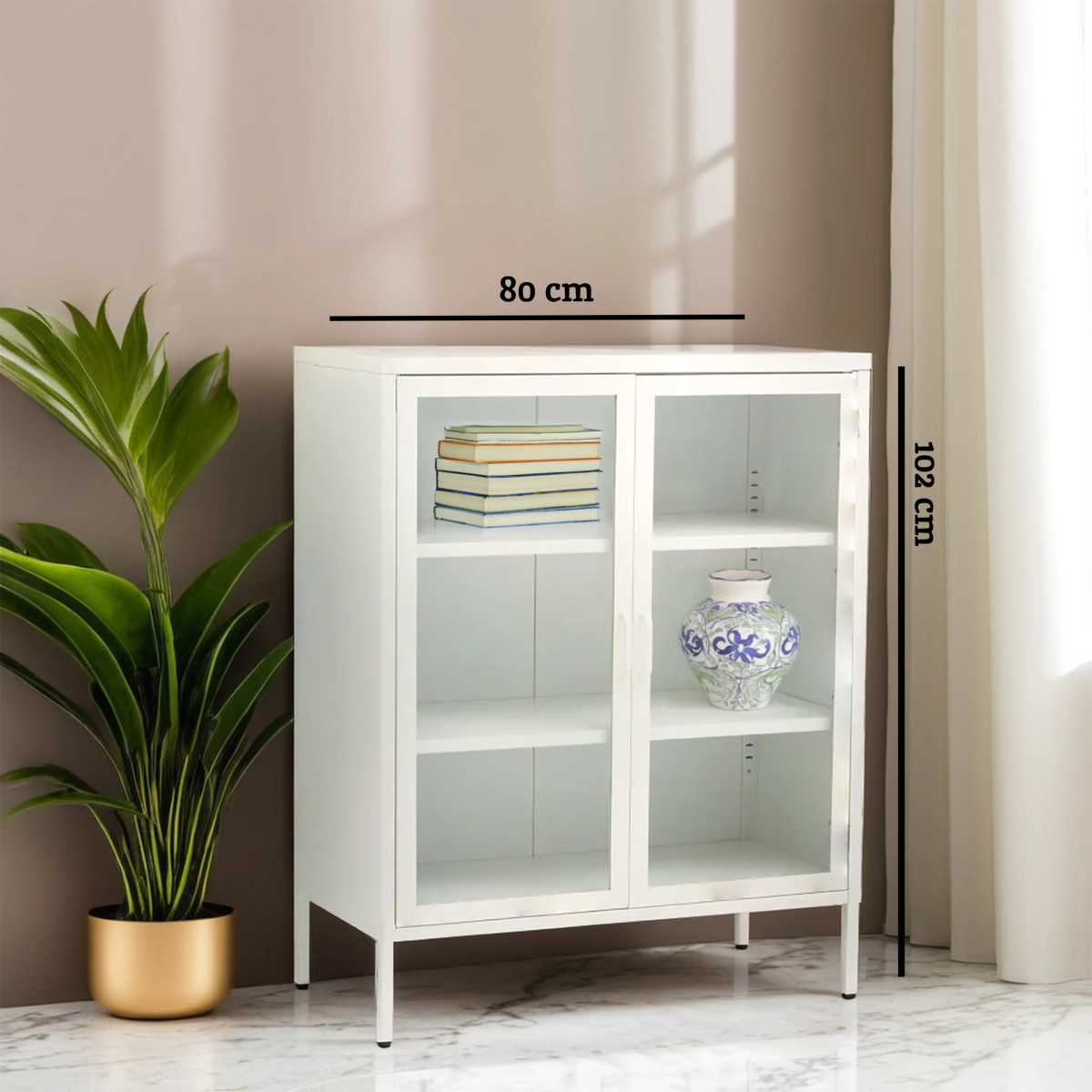 Acier White Metal 2 Door Cabinet with Glass Doors