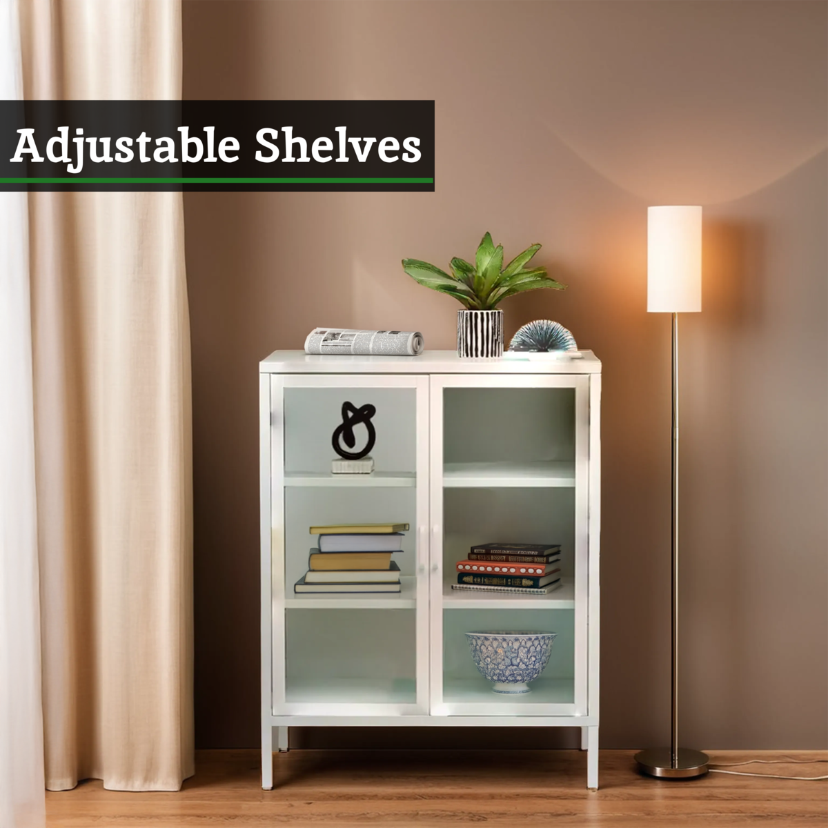 Acier White Metal 2 Door Cabinet with Glass Doors