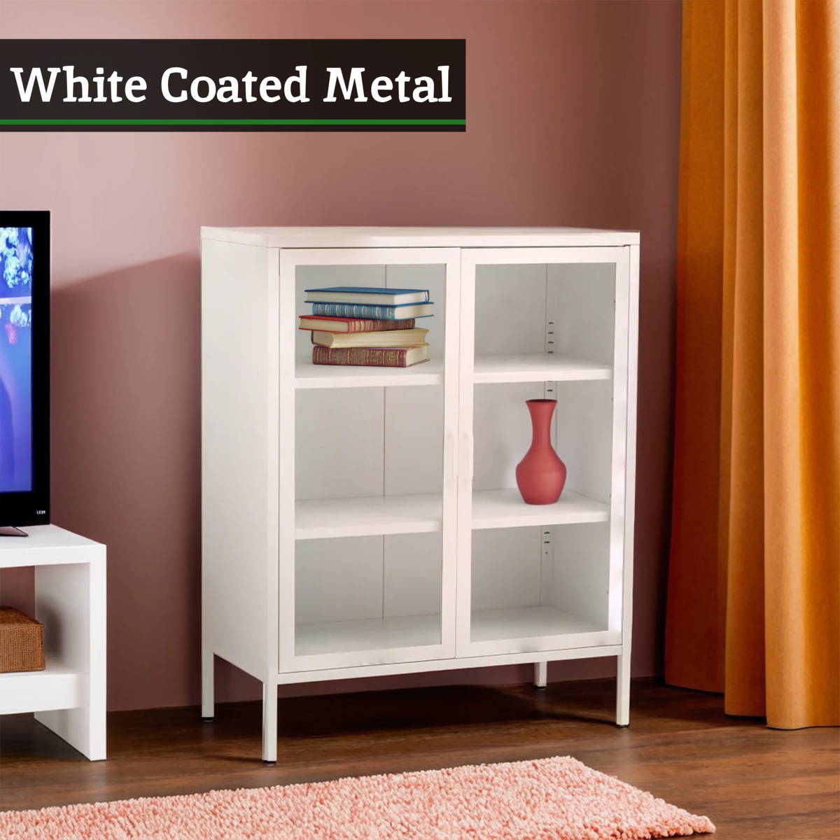 Acier White Metal 2 Door Cabinet with Glass Doors