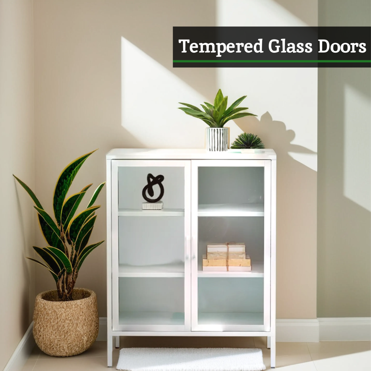 Acier White Metal 2 Door Cabinet with Glass Doors