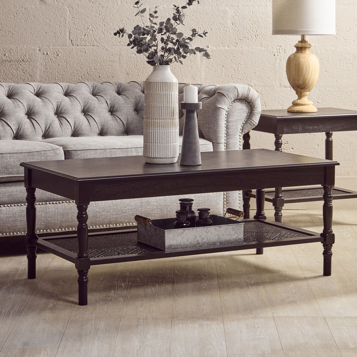 Heritage Black Wooden Coffee Table with Rattan Shelf
