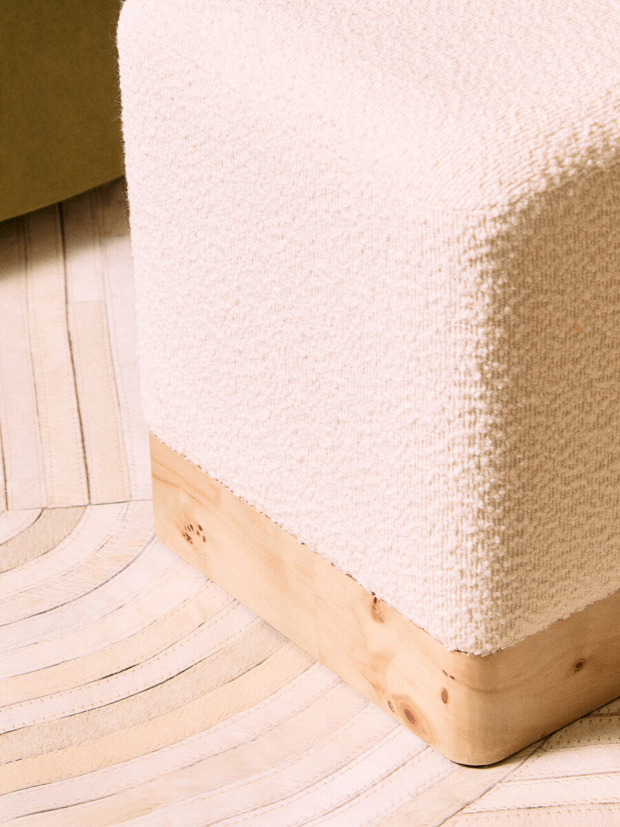 Mota Cream Boucle and Burl Wood Square Stool