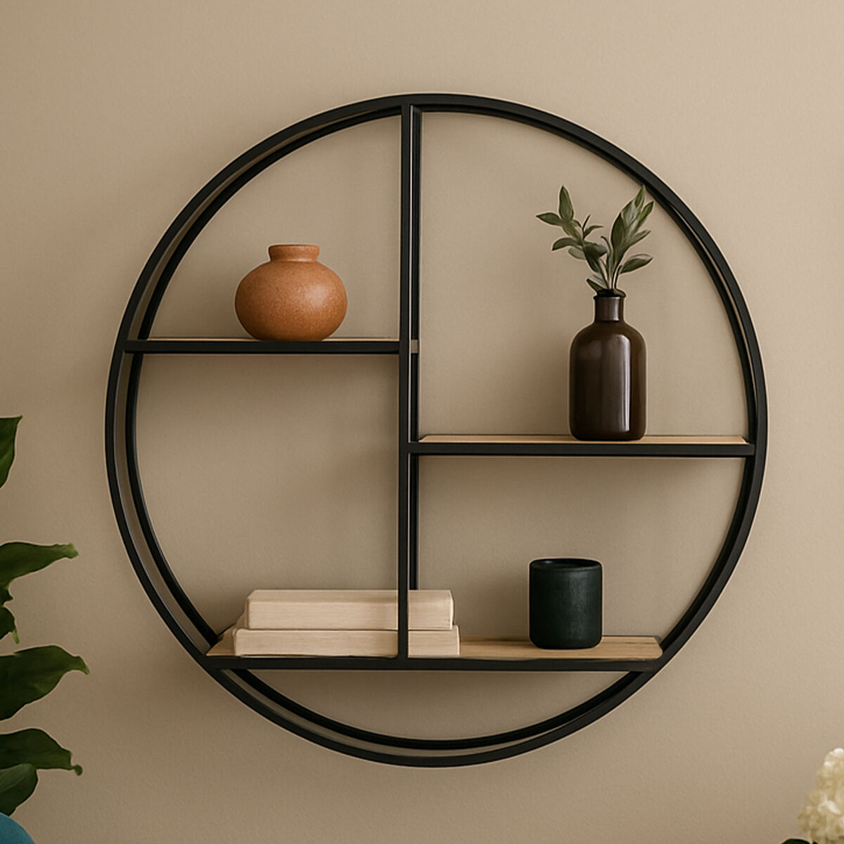 Mataram Wood Effect and Black Metal 3 Tier Round Wall Shelf