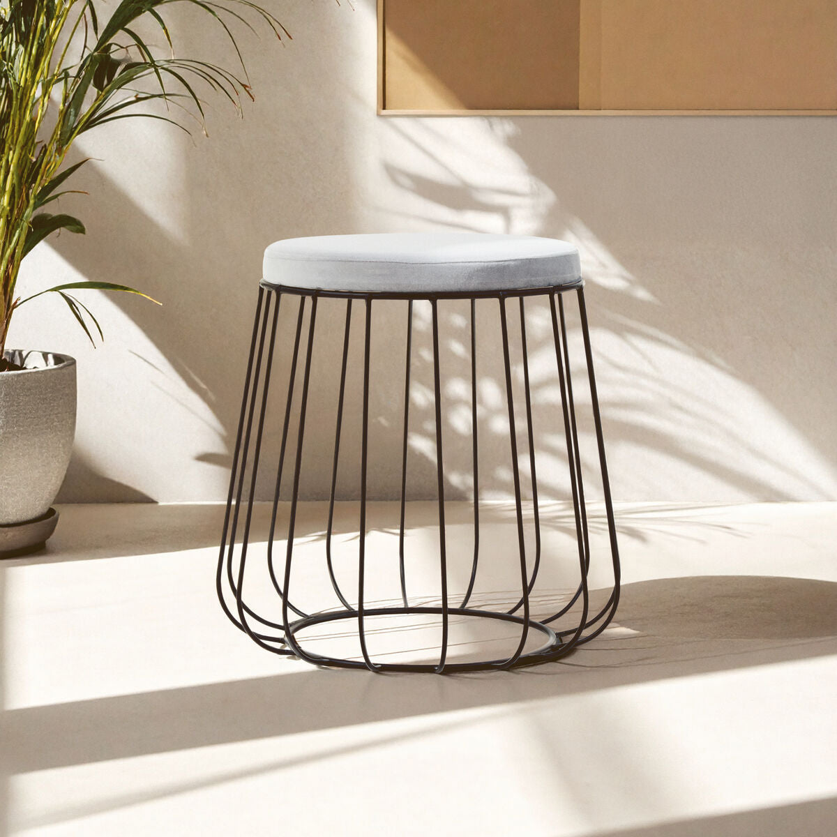 Hayes Grey Velvet Round Stool with Black Finish Cage Base