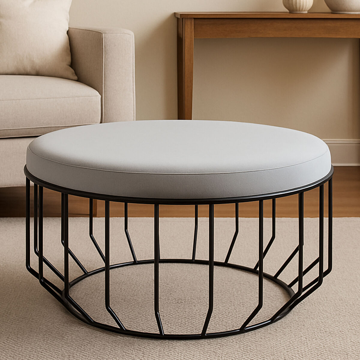 Hayes Grey Velvet Large Footstool with Black Finish Cage Base